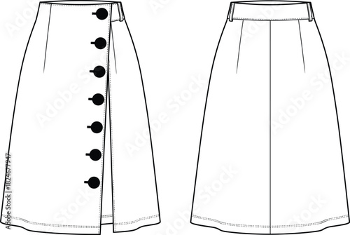 Fashion design technical flat sketch template, A-line midi skirt with oversized front button placket, overlap panel, waistband, belt loops, and back darts.