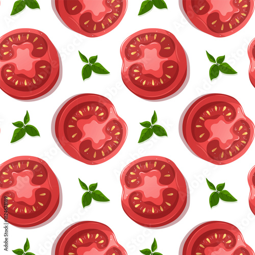 Texture of tomatoes and greens, lettuce leaves, basil. Flat vector illustration for product packaging.