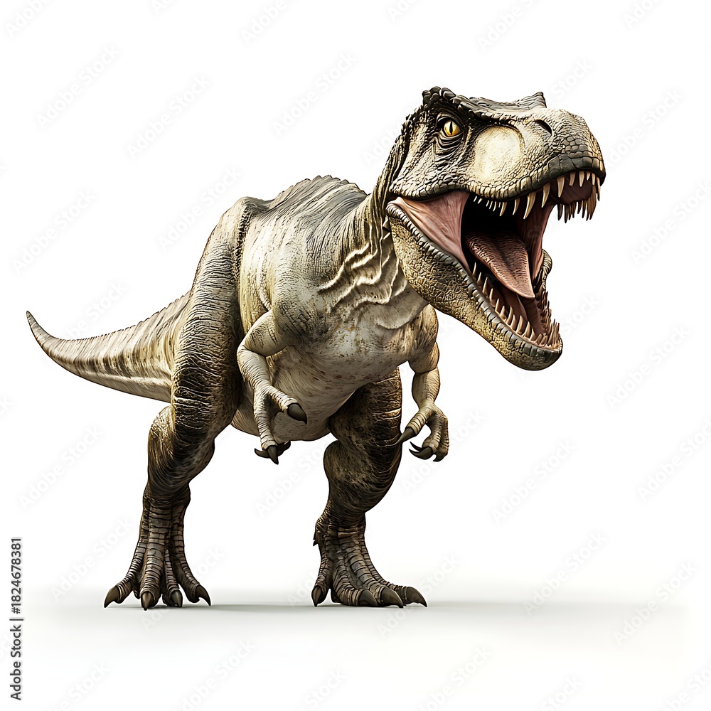 Fototapeta premium Roaring Tyrannosaurus Rex on isolated background for educational use or thrilling adventure movie concepts, digital art
