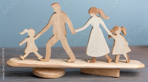 Wooden figures representing a family walking across a balancing surface demonstrate equilibrium