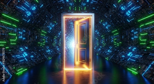 Fototapeta Naklejka Na Ścianę i Meble -  Glowing doorway in a futuristic tunnel with neon lights and reflections