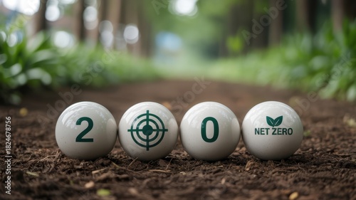 Conceptual representation of net zero target goal using four spheres on the earth, emphasizing environmental sustainability