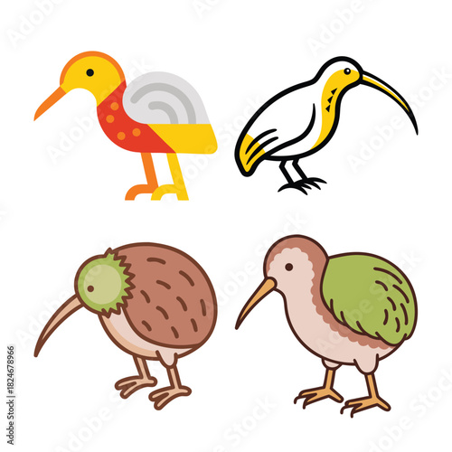 Kiwi Bird Icon Bundle, Cute Kiwi Bird Vector Set, Kiwi Bird Cartoon Icons Collection, Flat Kiwi Bird Illustrations Pack, New Zealand Kiwi Bird Graphic Set