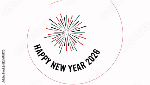 A simple fireworks icons arranged around “2026” in clean geometric style