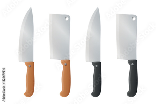 Vector 3d Chef Knife Icon Set, Top View. Stainless Steel Kitchen Knife, Isolated. Kitchen Knife with Black and Wooden Handle. Chef Knife Clipart, Design Template