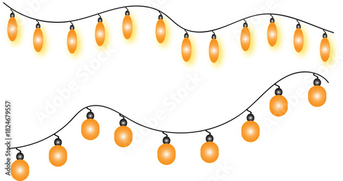 Vector Christmas lights isolated on a transparent background. Christmas light PNG. Set of Xmas glowing garlands. Warm semitransparent new year light effect decoration. Christmas decoration, LED lamp