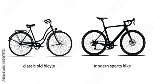 A comparison of classic and modern bicycle silhouettes in black and white