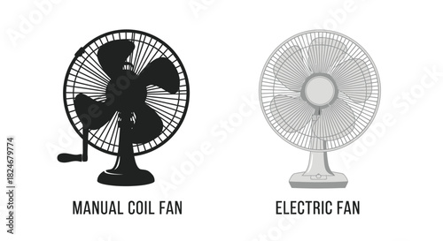 Two fans depicted a manual coil fan and a modern electric fan