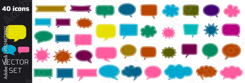 Vector set of speech bubbles, Colorful Comic Speech Bubble Vector Set with Dialog Clouds, Chat Balloons, Message Boxes and Cartoon Explosion Shapes Isolated on White Background, speech bubble box icon
