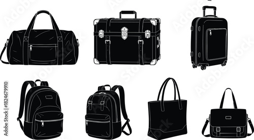 “Duffel bag, vintage suitcase, rolling luggage, backpack, tote, satchel, fashion accessories vector silhouette”