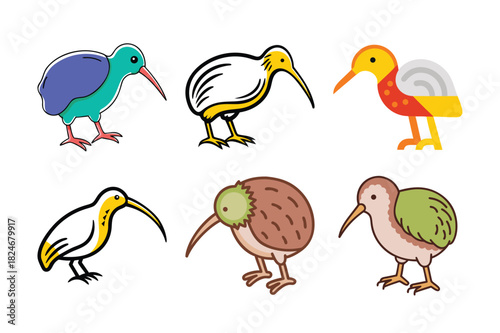 Kiwi Bird Icon Bundle, Cute Kiwi Bird Vector Set, Kiwi Bird Cartoon Icons Collection, Flat Kiwi Bird Illustrations Pack, New Zealand Kiwi Bird Graphic Set