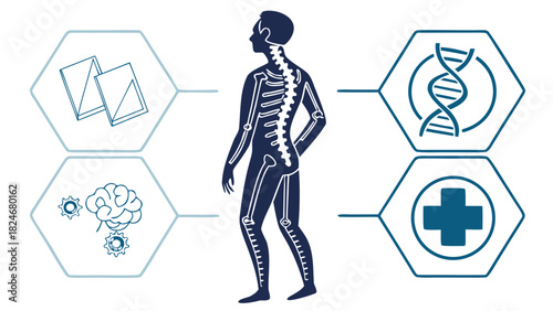 “Human anatomy icons, back pain silhouette, medical diagnostic symbols, simple geometric lines, SVG vector, professional healthcare illustration”