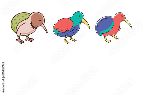 Kiwi Bird Icon Bundle, Cute Kiwi Bird Vector Set, Kiwi Bird Cartoon Icons Collection, Flat Kiwi Bird Illustrations Pack, New Zealand Kiwi Bird Graphic Set