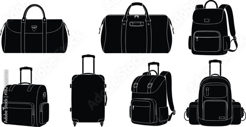 “Duffel bags, rolling suitcase, travel backpack, luggage set, black silhouette vector illustration”