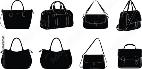 “Handbags, duffel bag, tote bags, shoulder bags, satchel, fashion accessories, black silhouette vector illustration”