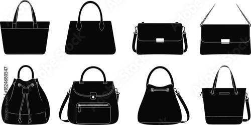 “Handbags, tote bags, shoulder bags, bucket bags, fashion accessories, black silhouette vector illustration”