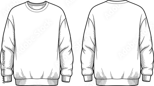 Blank Sweatshirt Front And Back View Technical Fashion CAD Drawing, Flat Vector Illustration For Apparel Design, Manufacturing, And Print Mockup
