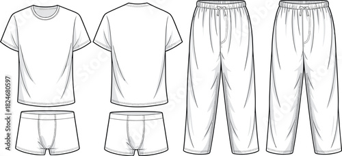 Blank T Shirt, Pajama Pants And Underwear Set Technical Fashion CAD Drawing Flat Vector Illustration For Apparel Design And Production