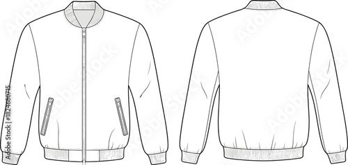 Bomber jacket CAD drawing, front and back view zip up varsity outerwear flat vector illustration for apparel technical fashion design