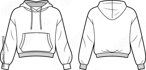 Men hoodie front and back technical sketch, pullover sweatshirt apparel template, fashion design blueprint, cad drawing flat vector illustration mockup
