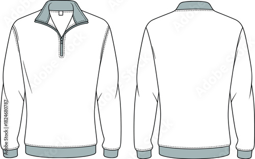 Men half zip sweatshirt front and back view mockup sports pullover fleece jacket apparel template cad drawing flat vector illustration