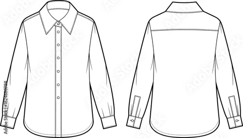 Men long sleeve button down shirt front and back technical flat design apparel template cad drawing flat vector illustration