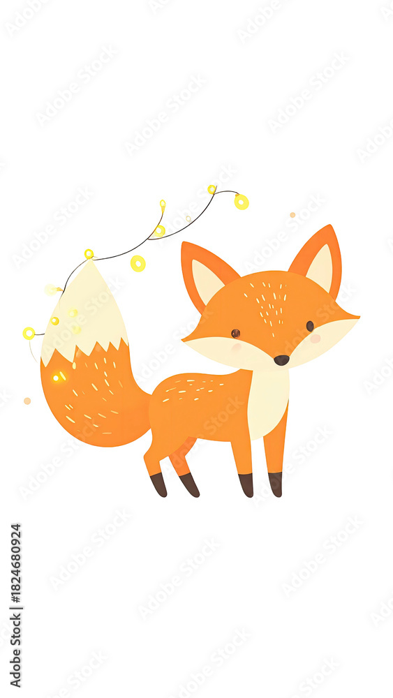 Obraz premium Cute cartoon fox with twinkling fairy lights illustration.