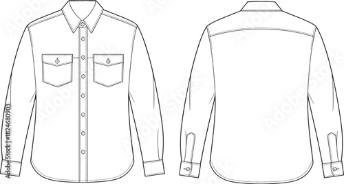 Mens short sleeve shirt CAD drawing set, polo and button down styles, front view flat vector illustration for apparel technical design