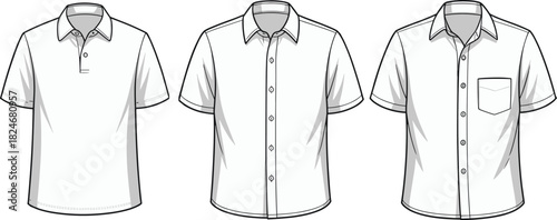Mens short sleeve shirt CAD drawing, polo and button down styles flat vector illustration for apparel fashion technical design template