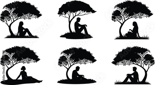 People, silhouette, sitting, under, tree, nature, relaxation, outdoor, park, landscape, shadow, black, vector, illustration, calm, lonely, thinking, evening, peaceful, scene