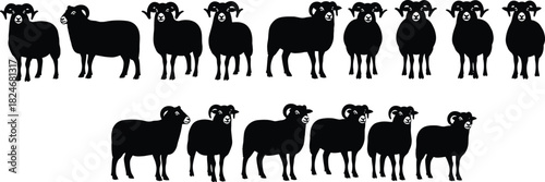Sheep Silhouette Icon Collection, Flock Farm Animal Set, Cute Livestock Sheep Cartoon Shapes, Black Vector Illustration for Rural Design Projects