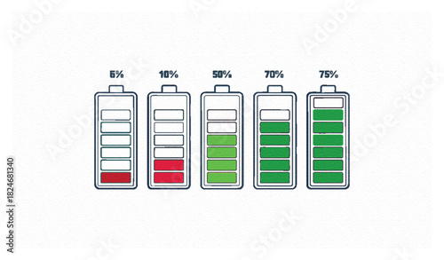 A clean colorful vector battery level indicator with multiple charge segments, flat minimal style, sharp edges,