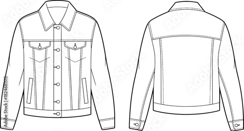 Trucker jacket CAD drawing, front and back view casual denim style outerwear flat vector illustration for apparel technical fashion design