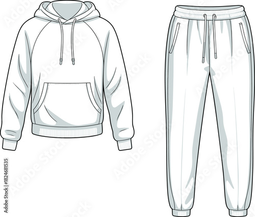 Unisex hoodie and jogger pants set front view sportswear tracksuit mockup apparel template cad drawing flat vector illustration