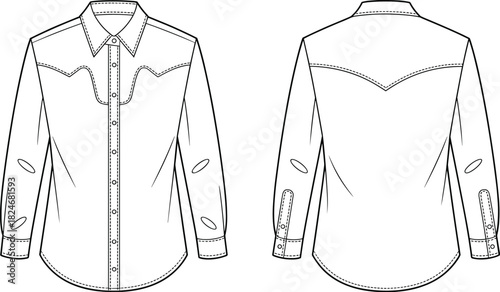 Western cowboy shirt CAD drawing, front and back view long sleeve button down apparel flat vector illustration for fashion technical design