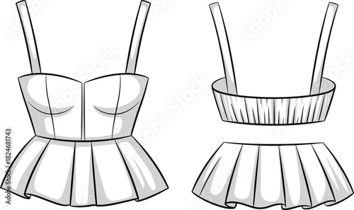 Women’s Corset Top And Pleated Mini Skirt Front And Back View Technical Fashion CAD Drawing Flat Vector Illustration