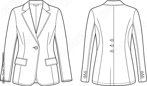 Women’s Tailored Blazer Front And Back View Technical Fashion CAD Drawing Flat Vector Illustration For Apparel Design And Production