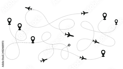 Global travel paths with flying airplanes and location markers, illustrating worldwide navigation, journey, route tracking, and adventure discovery.