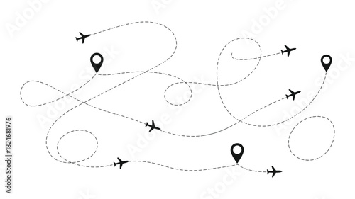 Global air travel routes with dotted lines showing airplane flight paths, pin markers indicating destinations, illustrating concepts of journey, navigation, and connection.