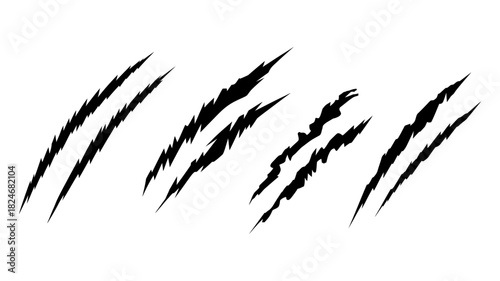 Gritty black claw marks vector set. abstract animal scratch effect with jagged edges, symbolizing aggression, danger, and wild power