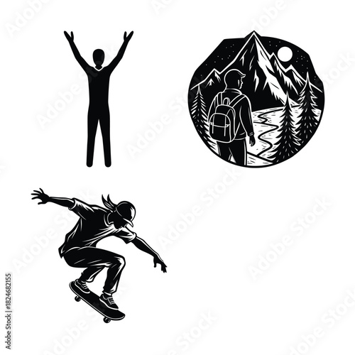 Person Jumping Silhouette Icon, Holding Object Figure, Cyclist Outline, Guitar Player Shape, Dancer Silhouette Bundle