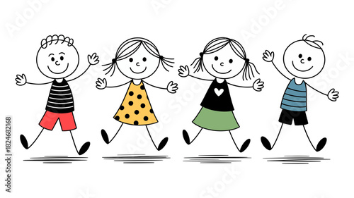 Joyful stick figure children jumping playfully, embracing friendship and happiness in a simple doodle drawing illustration for kids and education
