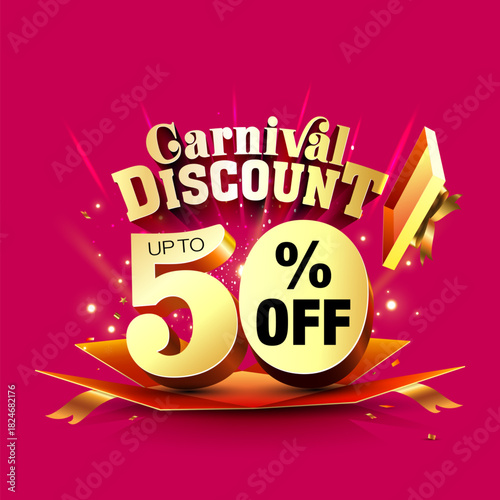 Carnival discount up to 50% off 3d logo unit reveal from gift box on bright red background. Sale, offer deal promotion advertisement design.