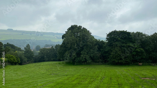 Rain drenched fields and scattered trees lie under a brooding sky, while the far hills bring a quiet sense of depth and calm in Upperthong, Yorkshire, UK.
