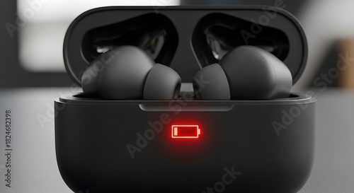 Modern black wireless earbuds in charging case with glowing red battery indicator