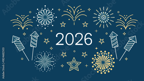 A simple fireworks icons arranged around “2026” in clean geometric style