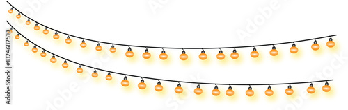 Yellow glowing string lights garland set—festive decorative bulb lamp vector illustration.