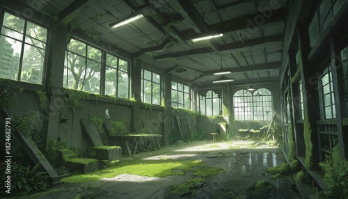 abandoned industrial space with overgrown greenery and broken furniture