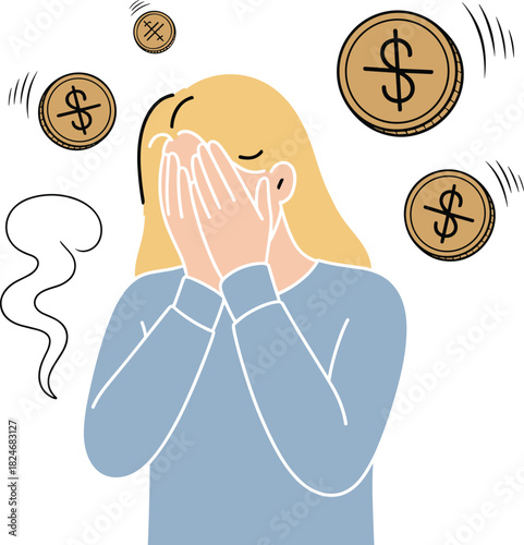 Anxious person covering face amid dollar coins, financial stress illustration, money anxiety concept, emotional crisis over personal finance