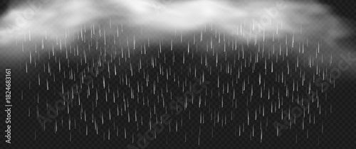 Realistic rain on a transparent background. Rain with fog. Raindrops. Rainy weather effect. Vector illustration.